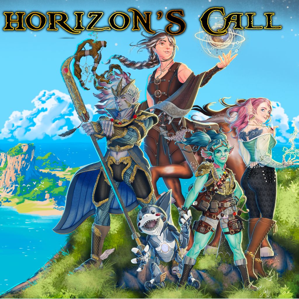 A triton, centaur, humanoid form siren, and a sea-elf with a mechanical were-shark stand on a cliffside with text reading Horizon's Call