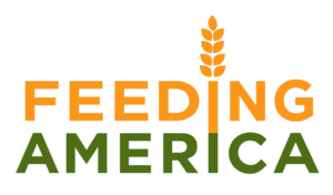 Logo for Feeding America which has the words stacked on top of each other and connected by the i in each one. America is on the bottom in green, and feeding is on top in a goldenrod color with a wheat spike coming out of the top of the i