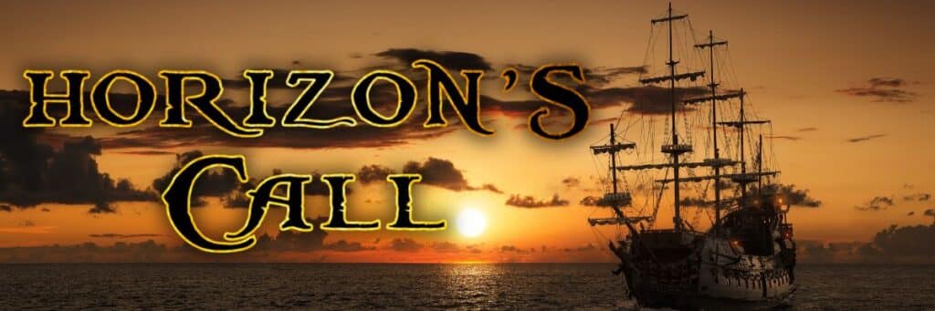 A sailing ship at sunset with the words Horizon's Call beside it