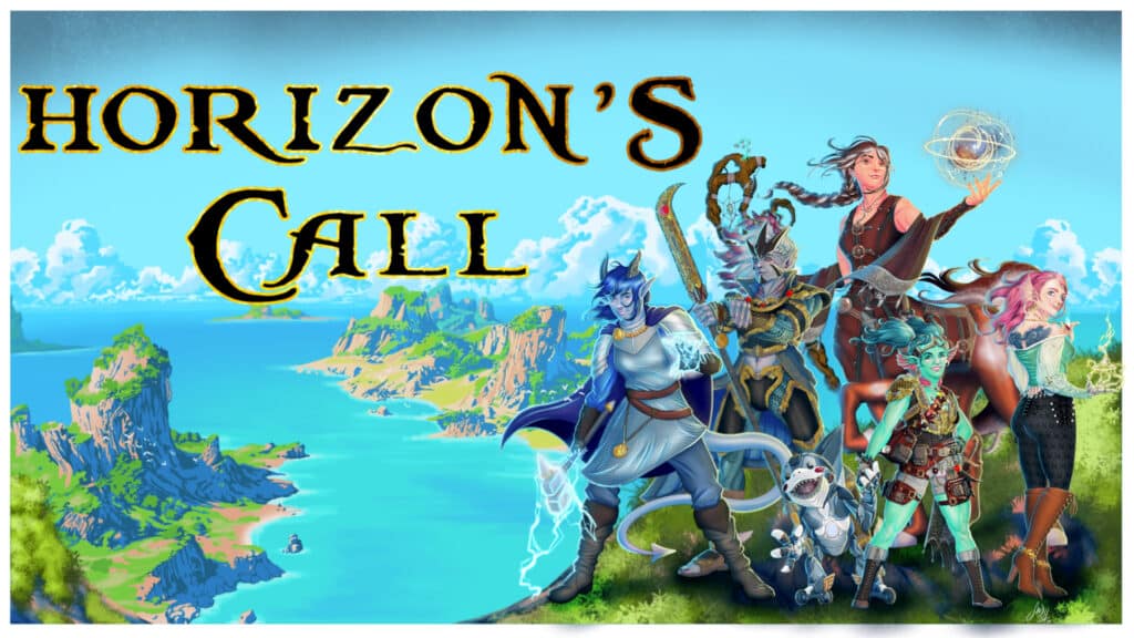 an illustration of 6 figures in a variety of fantasy races standing on a lush cliffs edge with text reading Horizon's Call Season 4 at the top and Art by Mikyl Sandoval at the bottom