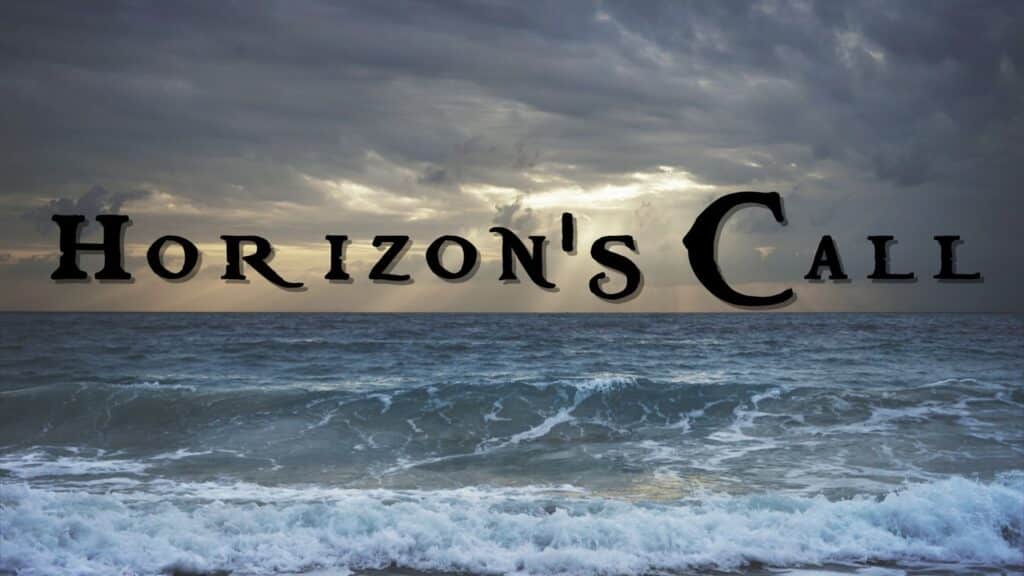 A photo of the ocean with a stormy sky for the top half of the image, with Horizon'