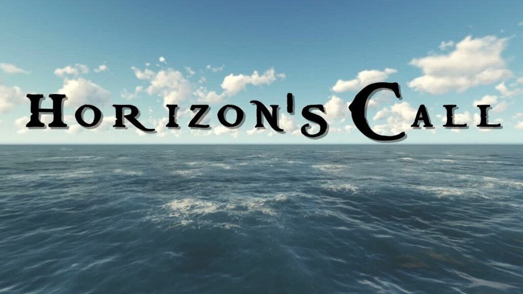 A photo of the ocean with a blue sky for the top half of the image, with Horizon's Call in text over it