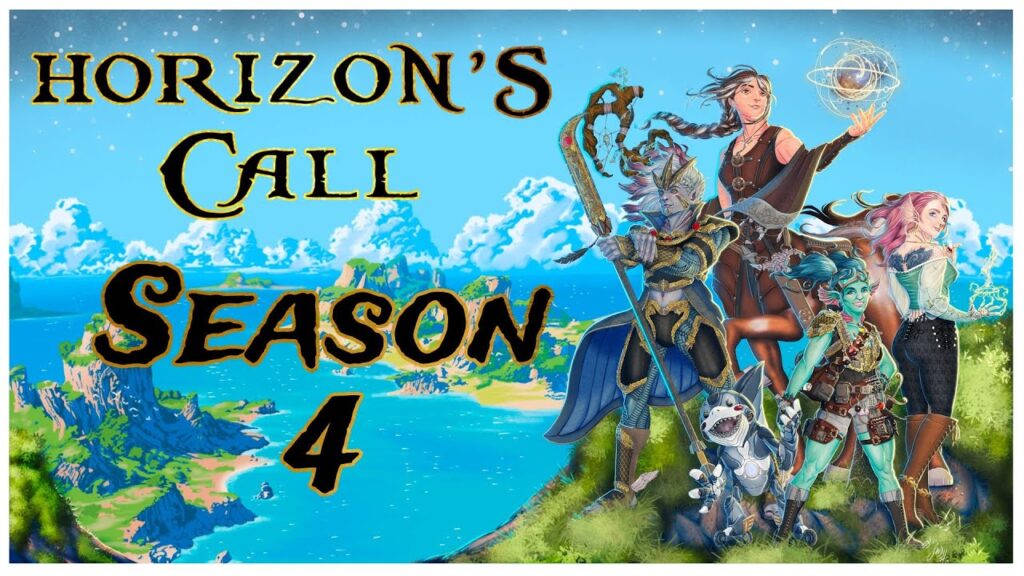 an illustration of 6 figures in a variety of fantasy races standing on a lush cliffs edge with text reading Horizon's Call Season 4 at the top and Art by Mikyl Sandoval at the bottom