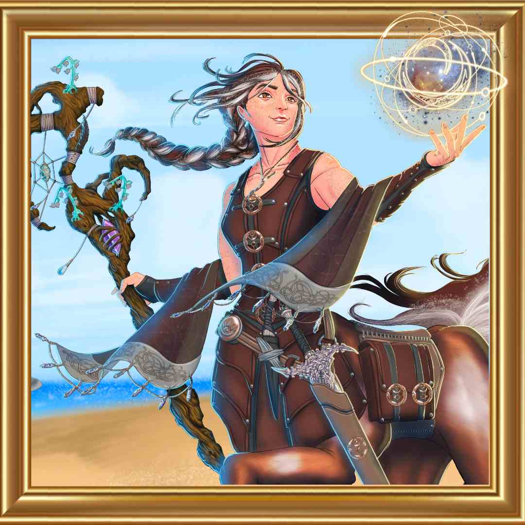 A femme centaur with brown hair with white streaks (white patches on her horse half), holds a gnarled and decorated staff in one hand while gazing at a celestial sphere of magic in her other outstretched hand
