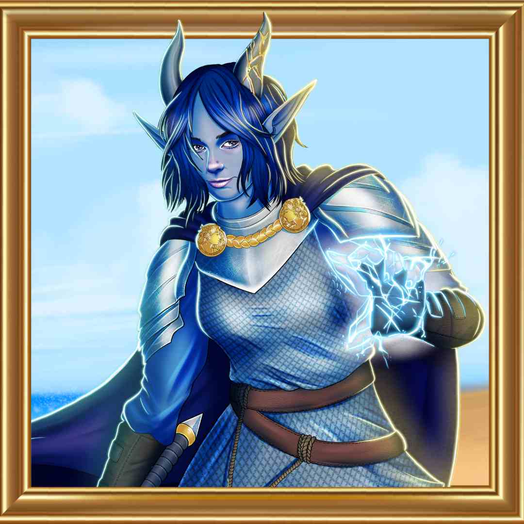 A blue skinned femme tiefling with one horn cracked and put back together with gold is dressed in silver armor with a dark blue cloak. One hand holds a ball of lightning