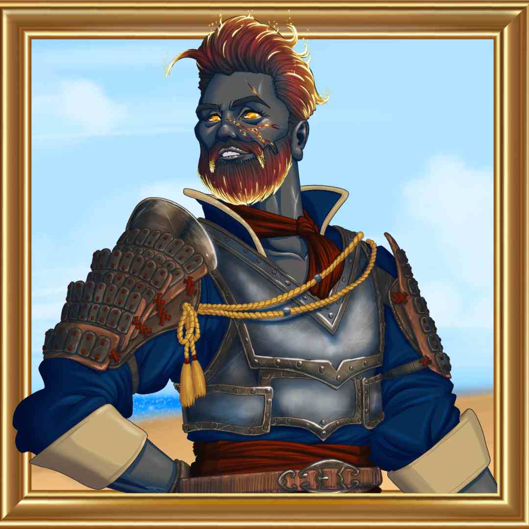 A cinder toned masc fire genasi with flaming red hair and beard stands in full armor