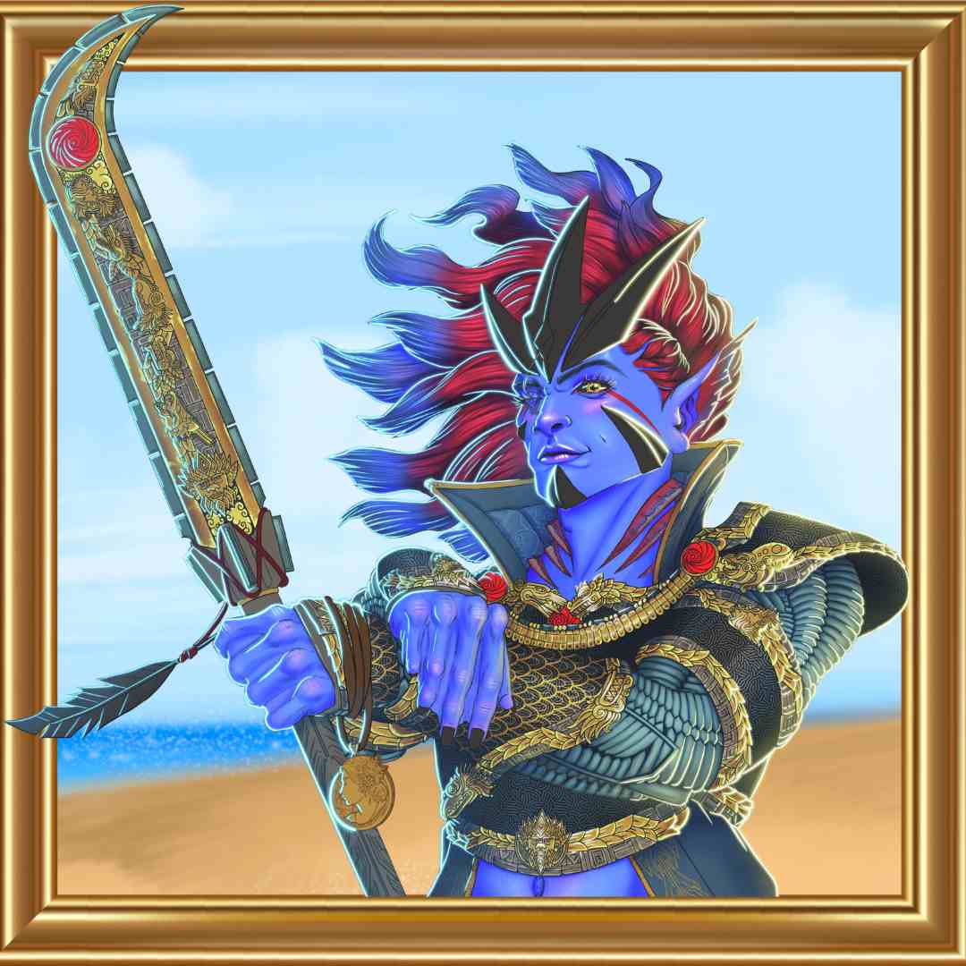 A vibrant blue masc triton stands proudly, holding an intricately etched glaive in one hand while a medallion dangles out of the other