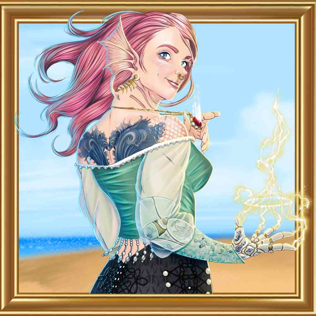 A pink haired, peach skinned, femme siren stands at an angle, showing her back tattoos, and holding out her prosthetic hand as she gathers arcane energy in it