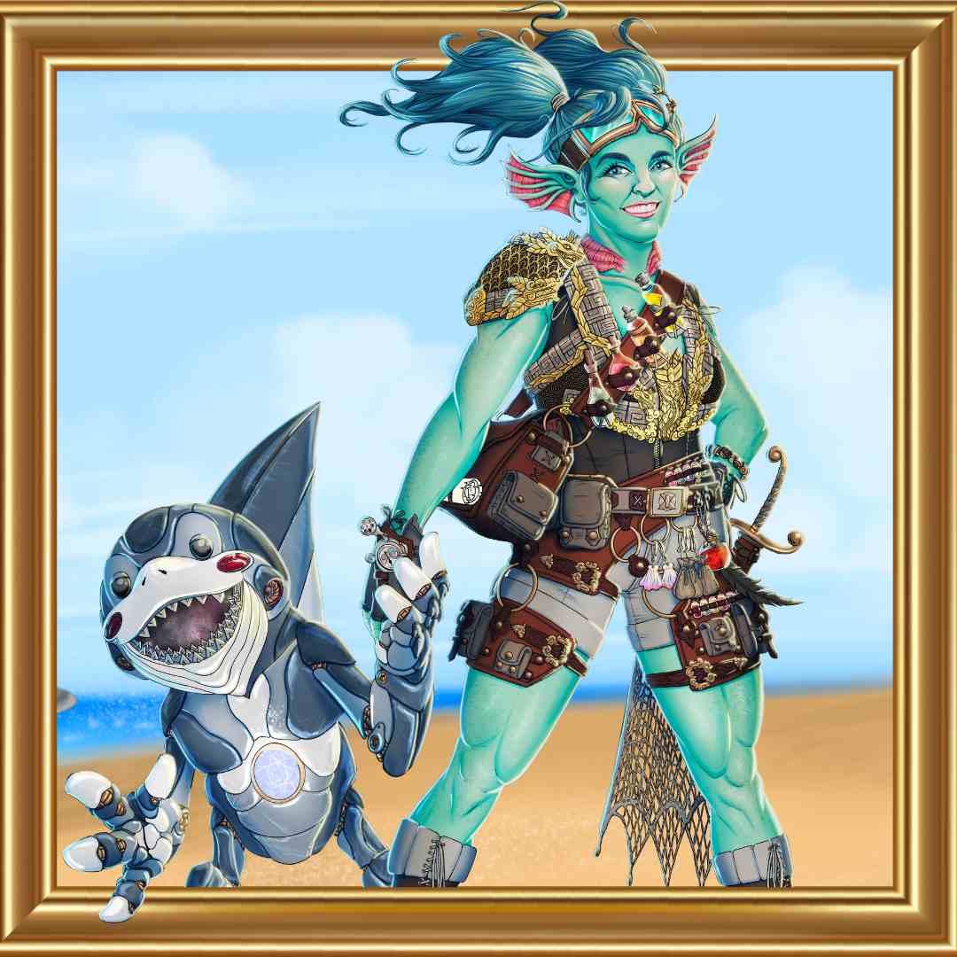 A teal skinned, blue haired smiling femme sea elf dressed in cargo shorts, a black breastplate, and a bandolier holding potions is holding the hand of a mechanical shark man about half her height