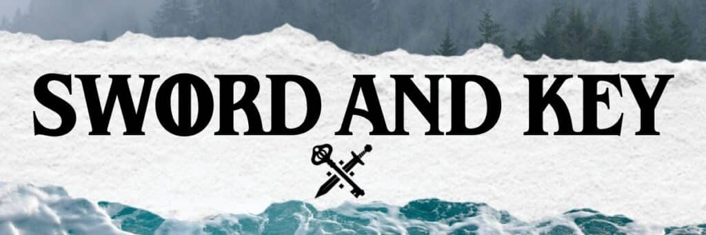 Text reading Sword & Key over a strip of ripped paper separating a foggy forest scene from a roiling sea